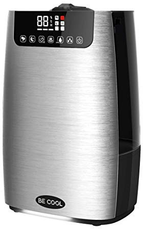 BE COOL Luftbefeuchter & Aroma-Diffuser, Kalt-und Warmluftbefeuchter für bis zu 50m², Schlafzimmer geeignet, 4 Filter, Nachtlicht, Touchpanel, LED Display, Fernbedienung, Besonders leise, Silber