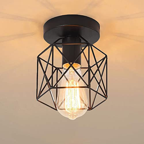 iDEGU Industrielle Deckenleuchten 15cm Retro Deckenlampe aus Eisen Lampenschirm in Sechseck Käfig Vintage Design E27 Kronleuchter für Flur Küche Wohnzimmer Schlafzimmer Dekoration (Schwarz)