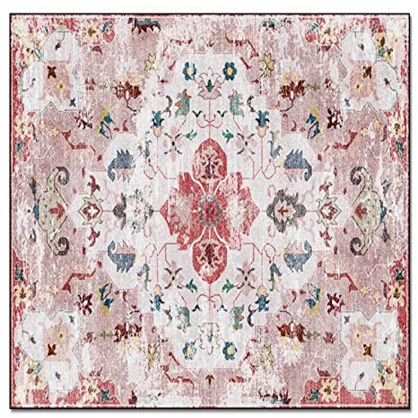 Rururug Teppich Quadratisch Wohnzimmer Kurzflor mit Antirutschmatte Schlafzimmer Waschbar Teppiche Anti-Rutsch Unterseite Sofa, rosa Florale Vintage-Grenze Square 150 x 150 cm