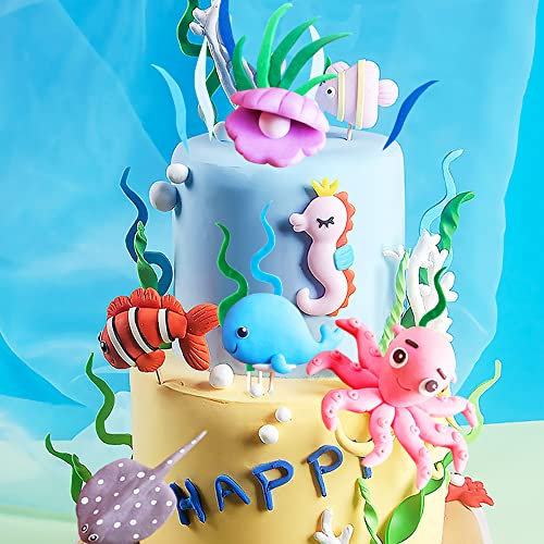 GallaRato 16 Pcs Under The Sea Cake Decoration Ocean Cake Topper Under The Sea Party Supplies Devil Fish, Octopus, Seahorse Cake Decor