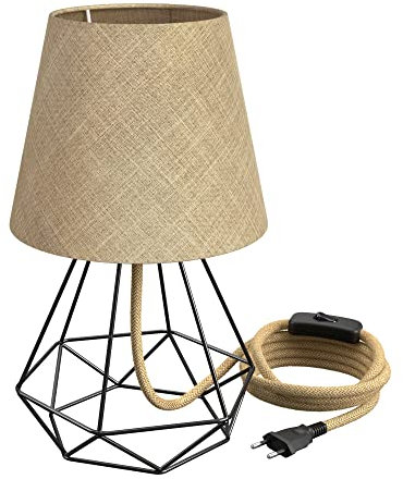 ledscom.de Tischleuchte LEKA, Schalter, Hanf, Lampenschirm natur, Gestell Diamantform, schwarz