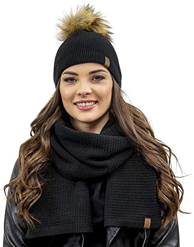 VIVISENCE Elegantes Damen Winter Set Aus Mütze Und Schal Mit Bommel Aus Warmem Garn Antistatische Eigenschaften Perfekte Passform Für Elegante Und Sportliche Outfits, Schwarz,Einheitsgröße