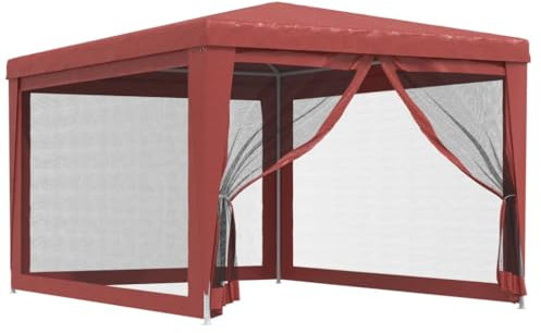 vidaXL Tente de Fête avec 4 Parois Latérales en Maille Belvédère Chapiteau Pavillon Tonnelle Tente de Réception Jardin Terrasse Rouge 3x4 m PEHD
