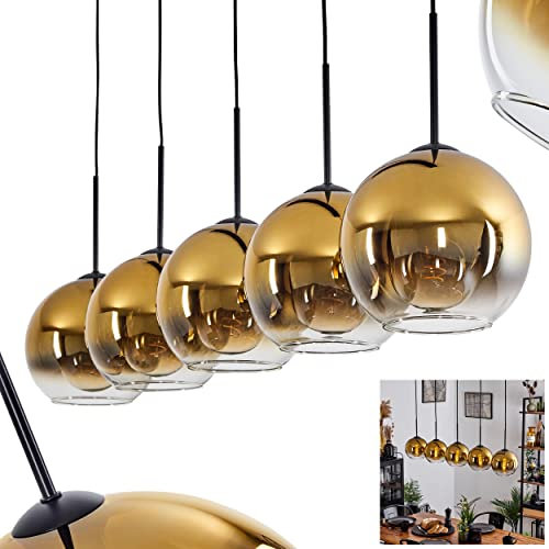 Hängeleuchte Koyoto, Hängelampe aus Metall/Glas in Schwarz/Goldfarben/Klar, Leuchte 5-flammig im Vintage/Retro Design mit Schirmen aus Glas (Ø 20 cm), Höhe max. 152,5 cm, 5 x E27, ohne Leuchtmittel