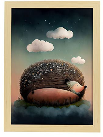 Nacnic Igel Poster im Präzisionsstil. Illustrationen süßer schlafender Tiere in warmen Farben für Kinderzimmer. Innenarchitektur und Dekoration. A4 mit Leichtholzrahmen.