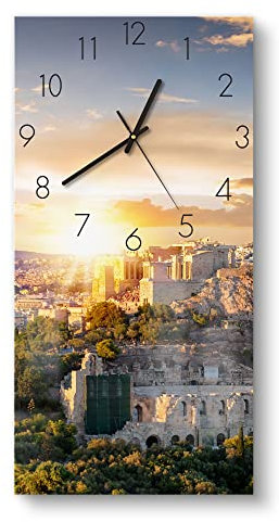 DEQORI Glasuhr | horizontal 30x60 cm | Motiv Athener Akropolis | große XXL Design Uhr aus Glas | leise Wanduhr für Wohnzimmer & Küche | moderne Hingucker Uhr für die Wand