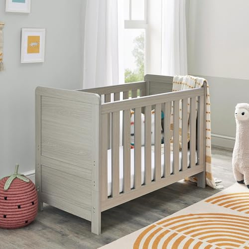 Babymore Caro Mini Cot Bed Grey Wash - Baby Cot Bed With Teething Rail Without Mattress, Convertible to Toddler Bed With 3 Adjustable Mattress Base Positions | Up to 4 Years