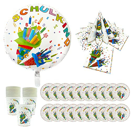 Oblique Unique® Schuleinführung Schulanfang Einschulung Deko Set - Folienballon “Schulkind” + 20 Servietten + Pappteller + Pappbecher (Bunt - Set mit 20x Pappteller + 20x Pappbecher)