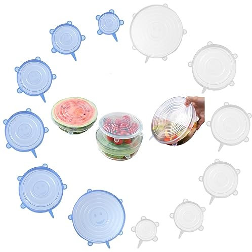 12 Stück Silikondeckel Rund in 6 Verschiedenen Größen, Wiederverwendbar Silikon Abdeckung Joghurt, Dehnbare Silikon Deckel Set, Universal Stretch Silikon Frischhalte Deckel, Blau und Transparent