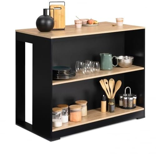 IDMarket - Mesa de bar Isla Juno de madera negra y bandeja de madera de haya