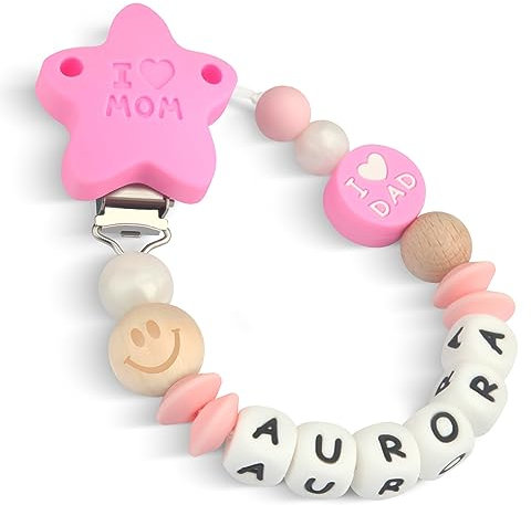 Yolnkos Schnullerkette mit Namen Jungen Mädchen Personalisiert Schnullerclip Mama Papa(Rosa)