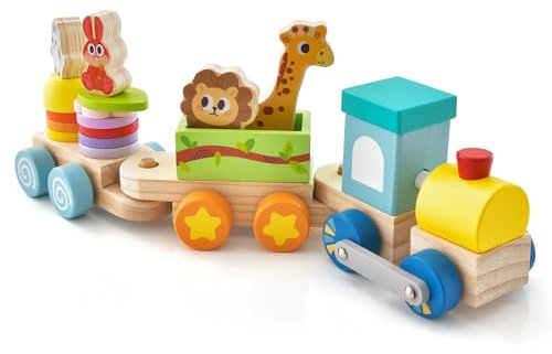 COSTWAY 3 teiliges Holz Eisenbahn Set, Kinder Holzzug stapelbar mit Bausteinen & bunten Tierfiguren, Bausteinzug Lokomotiven pädagogisch für Jungen & Mädchen ab 3 Jahren (Modell 1)