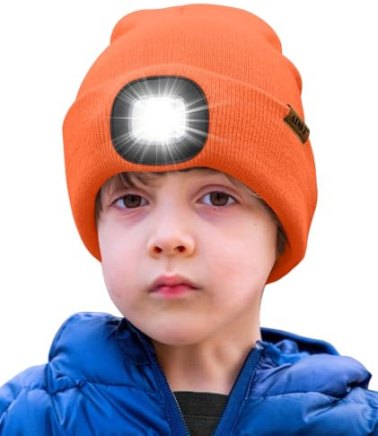 ATNKE Kids LED Beleuchtete Mütze mit Licht,Wiederaufladbare USB 4 LED Laufmütze Extrem Heller Lampe Winter Warme Stricken Mütze Großartig Geschenke für Jungen und Mädchen/Bright Orange