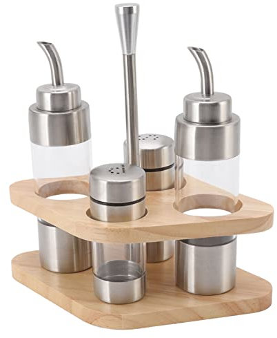 Set Dispenser Per Olio D'oliva E Aceto, Set di Saliera E Pepiera in Vetro da 2 Pezzi con Supporto in Legno Per Tavolo da Ristorante della Cucina Domestica