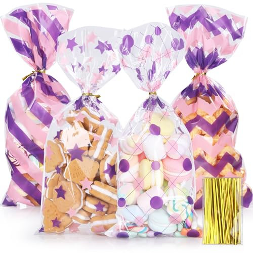 Bigqin 100 pièces Sachet Plastique Transparent Rose-Mauve, 4 modèles Sachet Bonbons Sachets Transparents pour Biscuits Pochette avec Cravates Torsadées pour Les, 27 x 12,5 cm