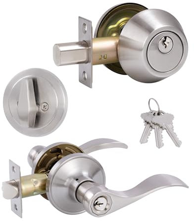 GITRANG Türknauf mit gleichschließendem Schließmechanismus, 1 Stück, mit Einzylinder-Riegel-Kombinationsset, Wellen-Hebel, Vordertür-/Außentürknauf mit Schloss und Riegel, satiniertes Nickel-Finish