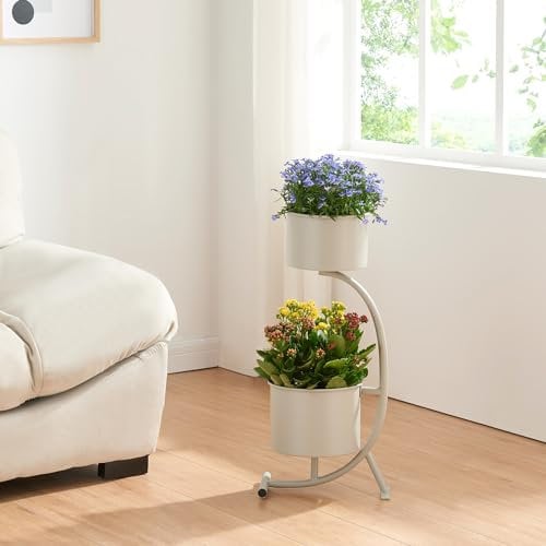 [en.casa] Soporte para Plantas en Forma de C Estantería de Pie con 2 Maceteros Incluidos para Flores Organizador de Macetas para Oficina Portamacetas Metal 63x29x21cm - Gris Claro