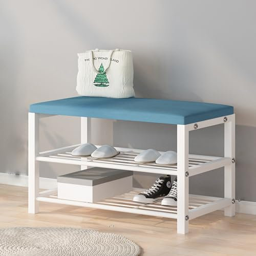 Entryway Shoe Rack with Padded Seat, 2-Shelf Storage Bench with Faux Leather Top, Small Shoe Organizer for Indoor Entryway