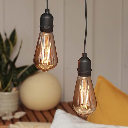 hellum Hängelampe mit Batterie und Fernbedienung outdoor 2er Set, goldene Glühbirne mit Batterie und Timer, ST64, Ø 6,4 x 13,8cm, Hängelampe für außen mit Fernbedienung, Deko Hochzeit 151411