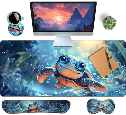 HaoSiTeck 4-Piece Extended Large Mouse Pad Set for Women Men with Turtle Anime Design includes 35.4 x 15.7 XXL Large Mouse Pad Keyboard Wrist Rest Mouse Wrist Support and Coaster for Office Home