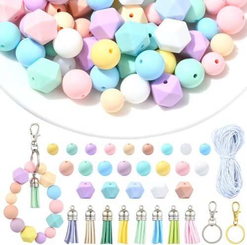 UR URLIFEHALL Lot de 100 perles hexagonales rondes en silicone avec pampille, fermoirs mousqueton, porte-clés, cordon élastique pour la fabrication de bijoux, loisirs créatifs