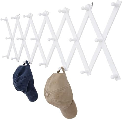 SCUNDA Wandregal mit 20 Haken, Holzwand, erweiterbare Garderobe für Mantel, Hüte, Baseballkappen, Kaffeetasse, Schmuck (weiß)
