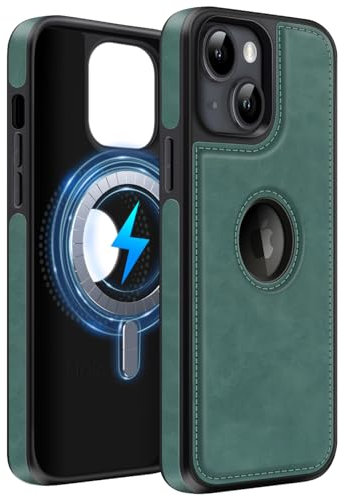 MOBESV Lederhülle mit Logo-Ansicht für iPhone 14 6,1 Zoll, Magnetisch Handyhülle kompatibel mit MagSafe, Dünn Klassische Elegant Hülle, Grün