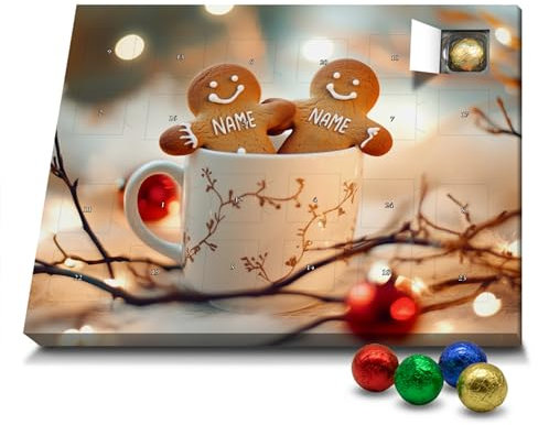 printplanet® - Namens-Adventskalender mit Schokokugeln - Personalisierter Weihnachtskalender mit eigenem Namen - Design Lebkuchen Männchen