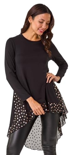 Roman Originals Chiffon Dipped Hem Top Asymmetric Tunic for Women UK Ladies Stretchy Jersey Flared Blouse Smart Fit & Flare Form Casual Loose Longline Party Hanky Tunics - Noir Gold - Size 10