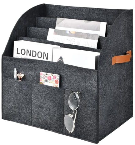 Dewocke Porte-revues avec poignée de Transport, Support de Rangement Pliable, Panier de Rangement pour Grand Support de Papier d'information en Feutre, Feutre Poche de lit, Gris