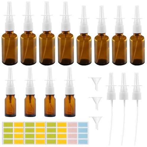 TOKSEO Nasenspray Flasche Leer, 12 Stück 10/20/30ml Glas Nasen Sprühflaschen Braun, Wiederverwendbar Glas Nasenspray mit Ersatzdüse, Etiketten, Trichter, für Parfüm, Ätherische Öle, Kochsalzlösung