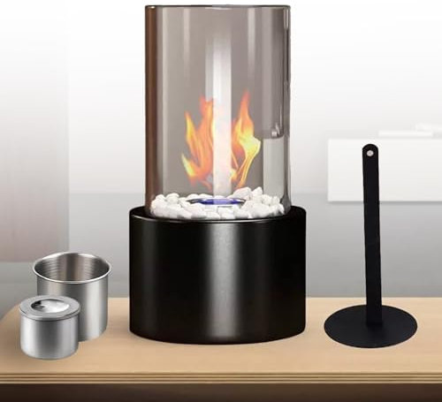 Tischkamin Tischfeuer mit Deko Steinen, Ethanol-Tischkamin aus Edelstahl und Glas, Bioethanol Tischkamin Indoor und Outdoor für Terrasse Balkon Garten Deko