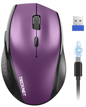 TECKNET PRO Rechargeable Wireless Mouse, 2.4GHz Computer Mouse with USB Nano Receiver, 6400 DPI Cordless Optical USB Mouse, 6 Adjustable Levels Silent Wireless mouse for Laptop/PC/Computer-Purple