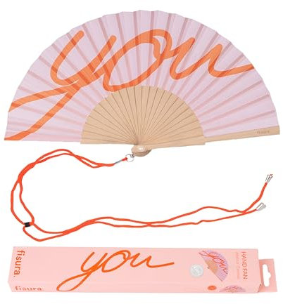 FISURA – Holzfächer mit der Aufschrift You“. Farbenfrohes, trendiges Accessoire in Rosa und Orange, tragbarer Handventilator mit praktischem Aufhänger. Maße: 42,5 x 23 cmc