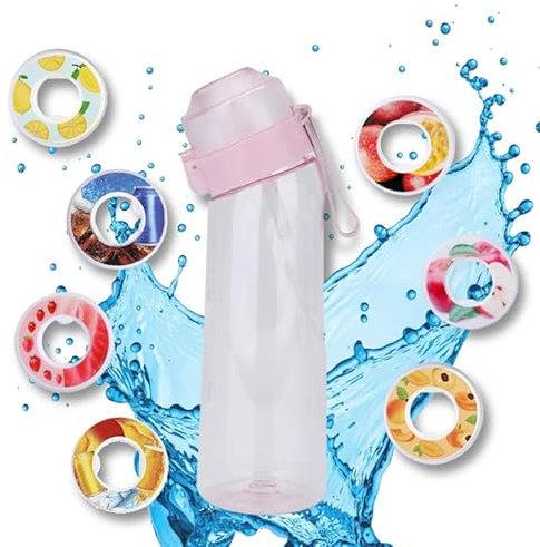 Générique Air Gourde, avec 7 Pods, 650ML, Bouteille d'eau parfumée, Gout Fruité, Écologique, Sans BPA, Capsules de Saveur, Sport, Enfant, Paille, Cola, Pomme, Fraise, ... Set up Pack (Rose)