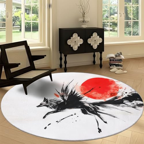 Waschbare Runde Teppiche 150 cm, Japanische Tuschemalerei mit Roter Sonne Rutschfester Runder Rugs für das Wohnzimmer, Off White Weicher Niedrigfloriger Teppich für unter den Esstisch