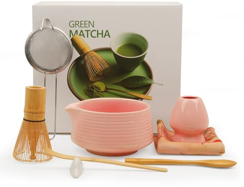Matcha Tea Set for Japanese Ceremony: GEEKHOM 8Pcs Complete Matcha Making Kit with Bamboo Whisk, Ceramic Bowl, Scoop & Holder - for Beginners Lovers Traditional Ceremonies, Breakfast Latte