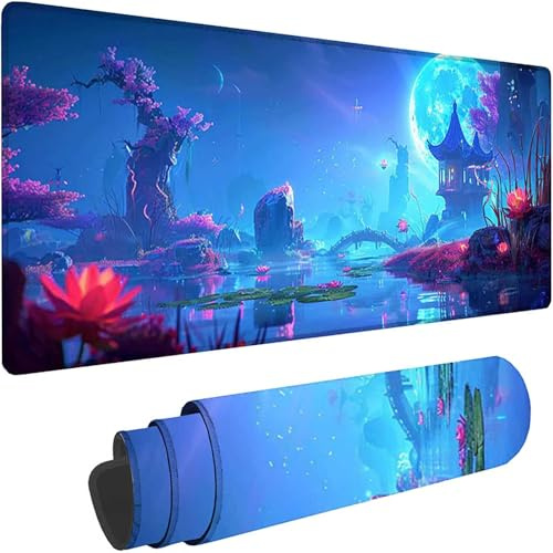 Blau Mauspad XXL 1600x800x3 mm, Großes Gaming Mauspad Mond Motiv, Schreibtischunterlage mit Design Vernähte Kanten, Wasserfest Anti Rutsch Mousepad PC Zubehör, Büro Deko, Geschenke für Frauen w-475