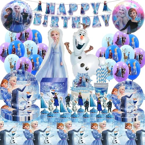 109 pezzi decorazione compleanno festa stoviglie palla kit rene di neve 3 anni, congelato compleanno stoviglie kit 4 anni, decorazione compleanno ragazze pallone reno neve piatti, asciugamani