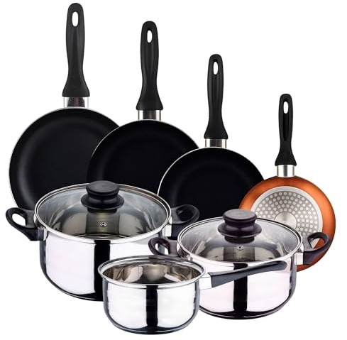 Well Home Pack Batería de cocina 5 Piezas en acero inoxidable + Sartenes Ø16Ø20Ø24Ø28cm Aluminio prensado Bronce metalizado