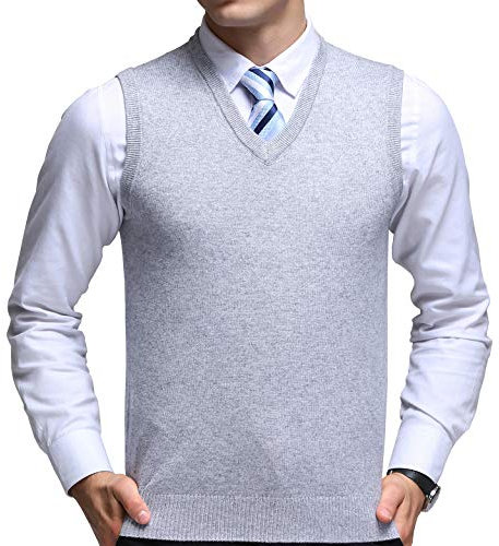 FULIER Mens Winter V-Neck Sleeveless Vest Classic Business Gentleman Knitwear Knitted Waistcoat Sweater Cardigans Tank Tops (X-Large, Grey)
