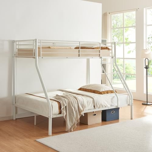 [neu.haus] Etagenbett Sortland für 3 Personen 90 x 200 cm und 140 x 200 cm Stockbett mit Leiter Kinderbett Jugendbett max. 300 kg Doppelbett Metall Weiß