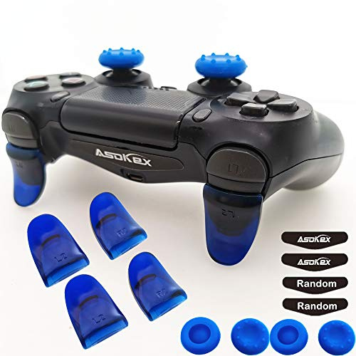 Asokex Lot de 2 Paires de Boutons d'extension pour Manette PS4 L2 R2 avec 4 Capuchons en Silicone et 2 Paires d'autocollants pour Barre Lumineuse LED pour PS4 Slim PS4 Pro L2R2 Bleu Transparent