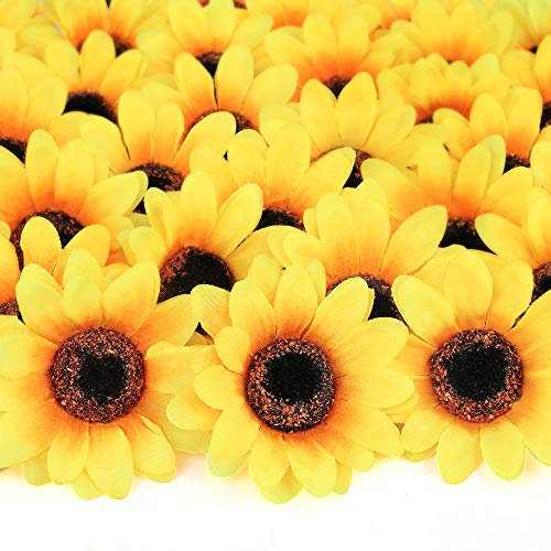 Mocoosy Künstliche Sonnenblumenköpfe - 7cm/2,8 DIY Dekor Gelbe Seide Sonnenblumen Bulk für Hochzeit Hausgarten Party Dekoration Fake Flower Crafts Zubehör