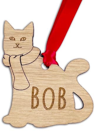Personalised Wooden Cat with Scarf Decoration: Oak Veneer or White Wood: Personalise with any Name! (Oak Veneer Wood, Decoration Only)