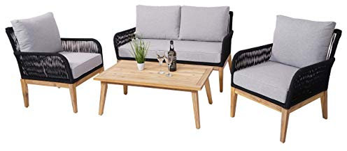 Mendler Gartengarnitur HWC-H58, Lounge-Set Sofa Sitzgruppe, Seilgeflecht Rope Holz Akazie Spun Poly MVG - Kissen hellgrau