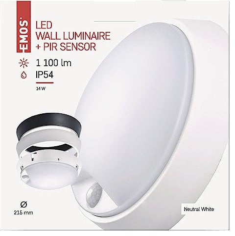 EMOS LED-Wandleuchte und Deckenleuchte mit Bewegungsmelder, rund, IP54 wasserdichte 14 W Außenleuchte für Balkon, Keller, Garage, Outdoor, 1100 lm, neutralweiß 4000K, Ø21,5cm, ZM3231, 21,5 cm