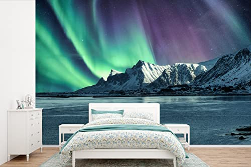 Selbstklebend Tapete Wandpapier Wandaufkleber Fototapete Tapeten Wanddeko 600x400 cm Nordlichter - Schnee - Norwegen