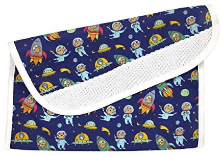 Panini Tessuti, Porta Bavaglino Bavetta in Cotone con tela Aida da ricamare per la pappa - pranzo - merenda in asilo dimensione 16x30 cm Fantasia Astronavi