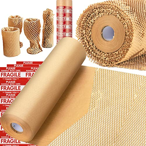 Honeycomb Packing Paper, MINHAO 15x230' Eco Friendly Packing Paper for Moving Recyclable Honeycomb Paper Moving Supplies Bubble Paper Wrapping Protective Roll, With 36 Fragile Sticker Labels